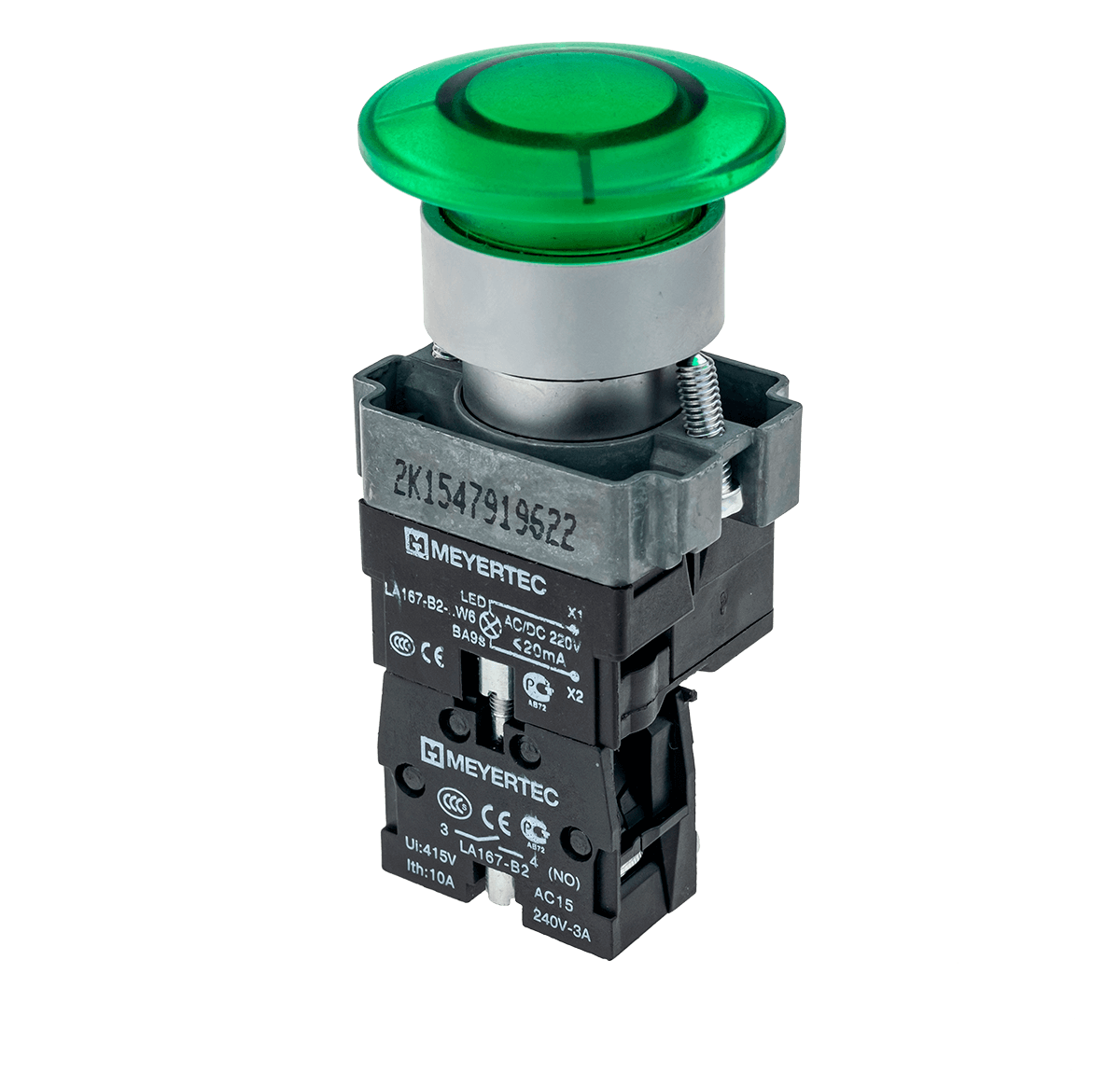 MTB2-BW3613 MTB2-BW3613 - Кнопка грибовидная без фиксации, с подсветкой, 24V, 1NO, зеленый