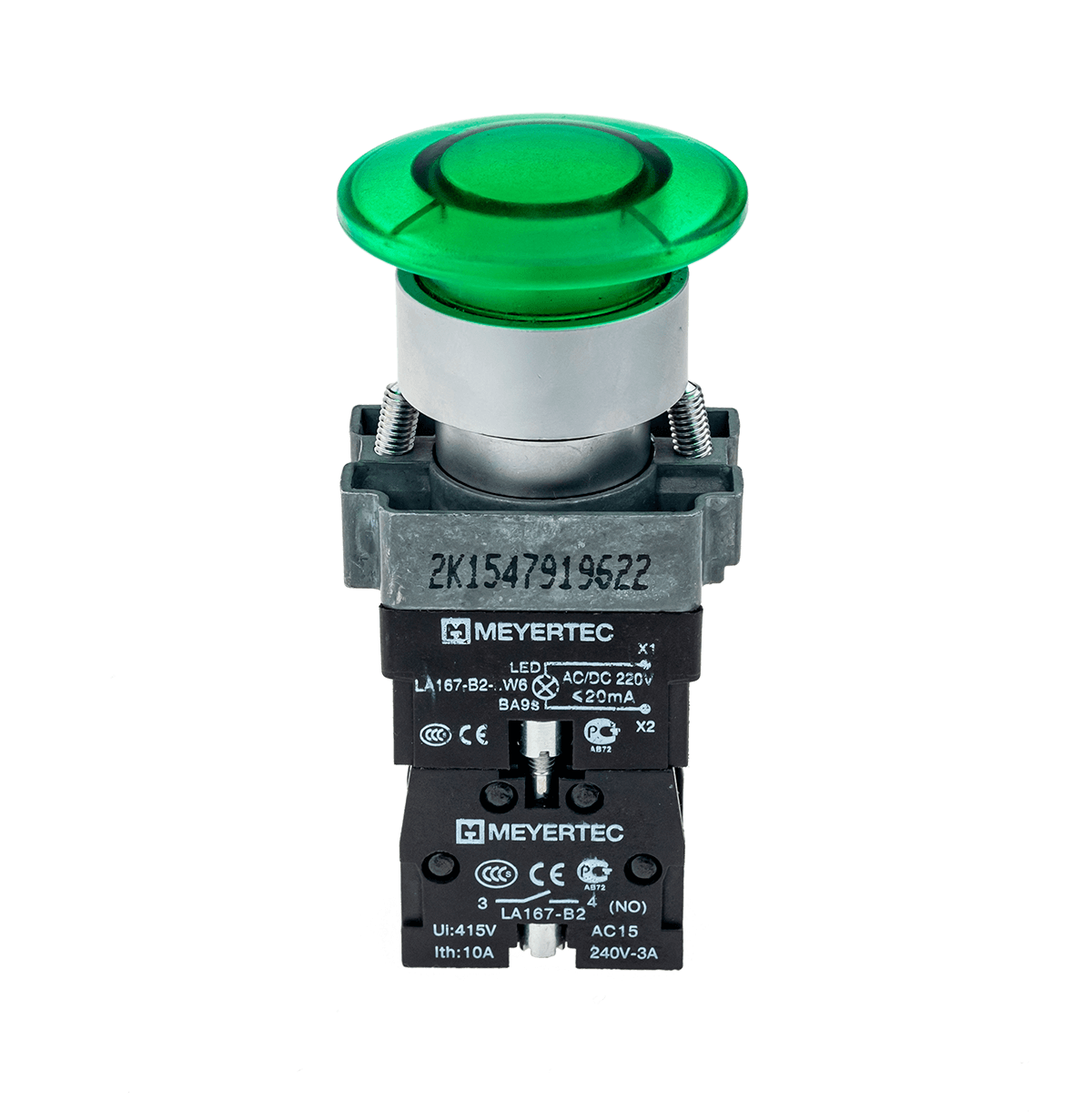 MTB2-BW3613 MTB2-BW3613 - Кнопка грибовидная без фиксации, с подсветкой, 24V, 1NO, зеленый