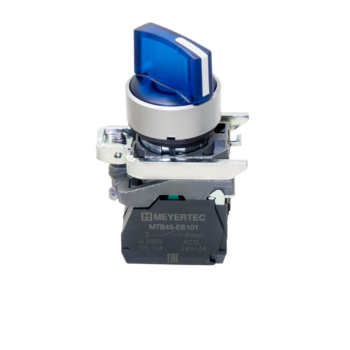 MTB4-BK26711 MTB4-BK26711 - Переключатель на 2 положения с фиксацией и подсветкой, синий, 1NO, 24V AC/DC, IP65, металл