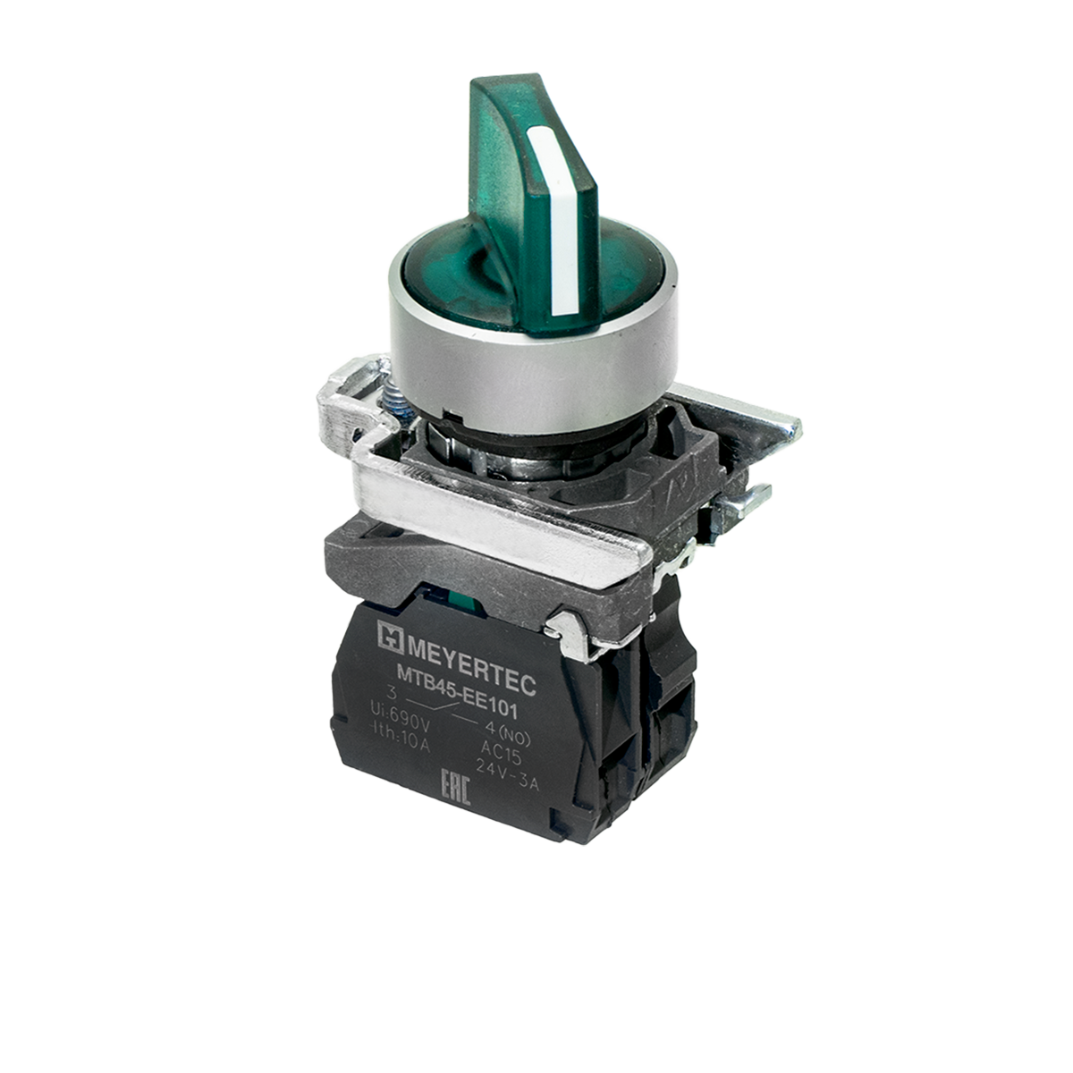 MTB4-BK33713 MTB4-BK33713 - Переключатель на 3 положения с фиксацией и подсветкой, зеленый, 1NO, 220V AC/DC, IP65, металл