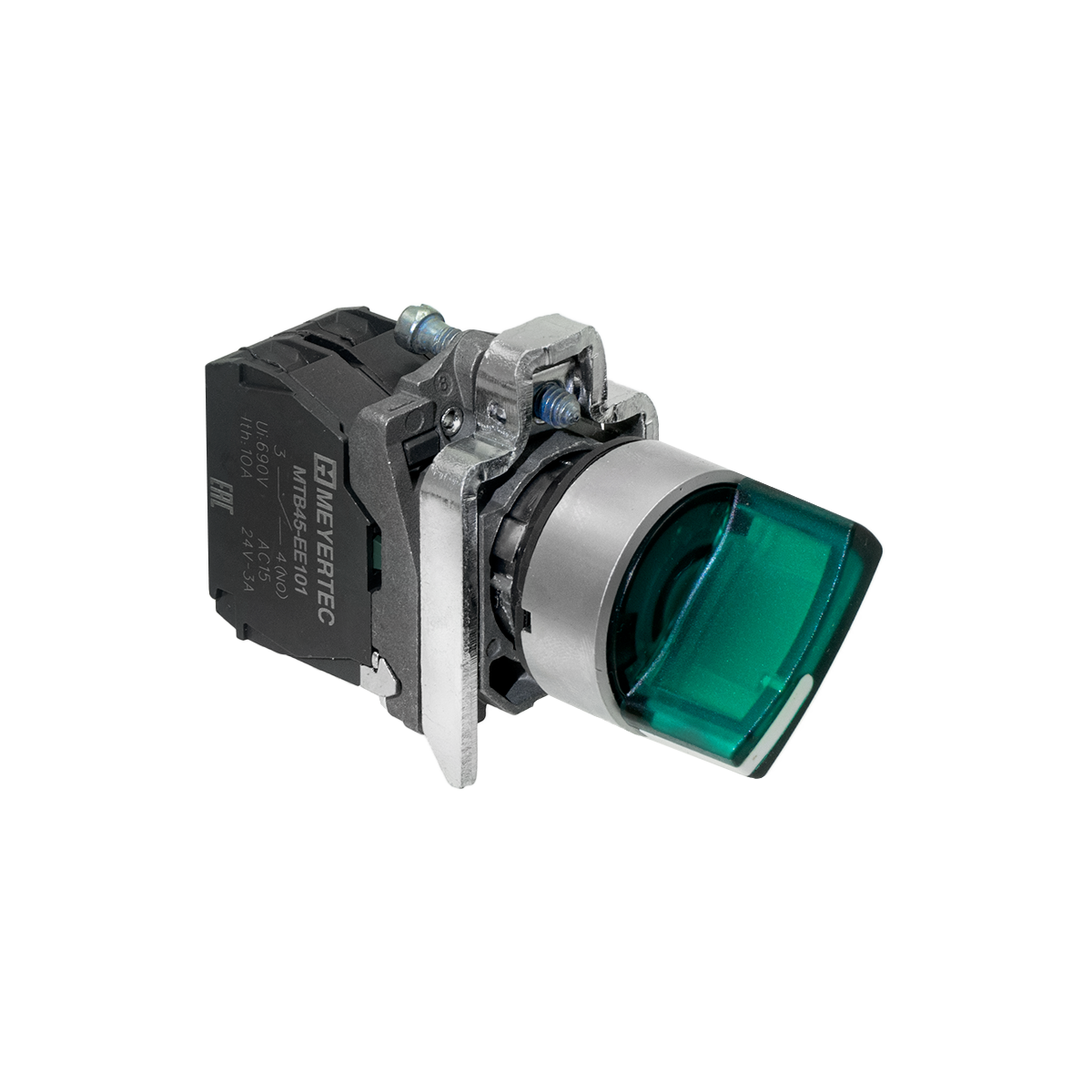 MTB4-BK33713 MTB4-BK33713 - Переключатель на 3 положения с фиксацией и подсветкой, зеленый, 1NO, 220V AC/DC, IP65, металл