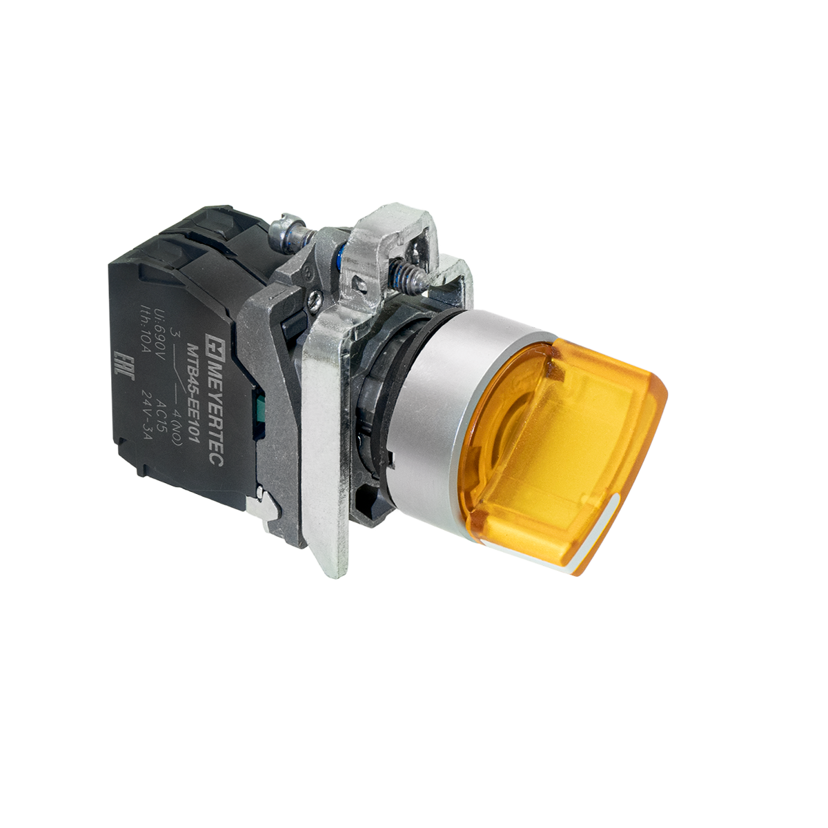 MTB4-BK35713 MTB4-BK35713 - Переключатель на 3 положения с фиксацией и подсветкой, желтый, 1NO, 220V AC/DC, IP65, металл