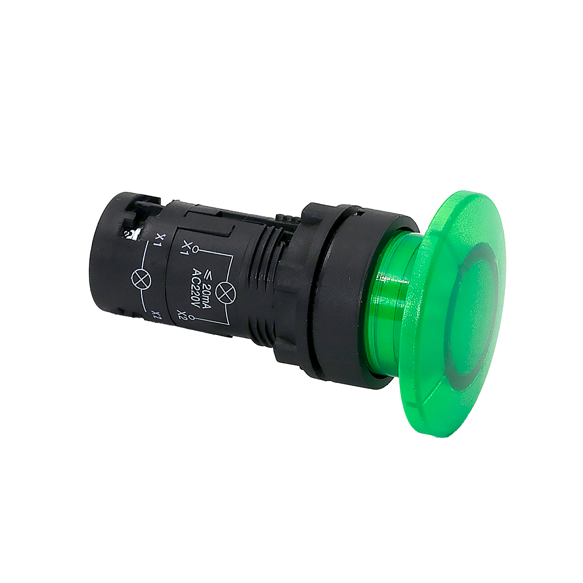 MTB7-EW43616 MTB7-EW43616 - Кнопка грибовидная зеленая с подсветкой, Ø40 мм, 1NO, 220V AC, IP54, пластик